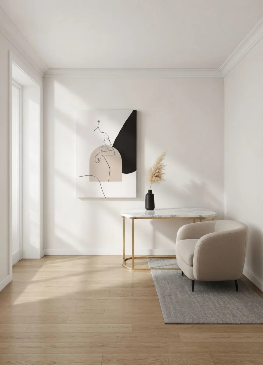 Toile Line Art Femme Minimaliste Beige Noir, Style Boho Chic.