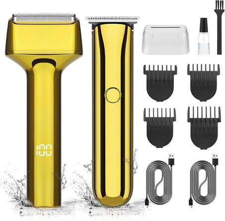 GSKY Afeitadoras eléctricas para hombres, juego de cortadora Baber Dorada, recortadora de pelo y afeitadora de aluminio, recortadora de barba para hombre