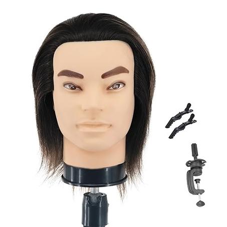 Cabeza de maniquí de peluquero - Cabeza de práctica de 12 pulgadas con cabello humano, soporte de abrazadera para corte y peinado de peluquería