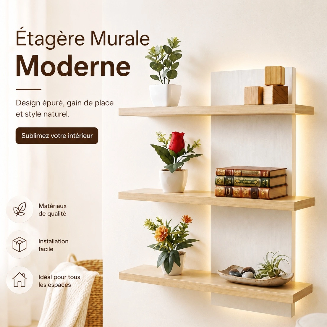 Étagère Murale Mdf Moderne avec Rétroéclairage LED – Design Épuré & Élégant Naturel 65 x 45 cm