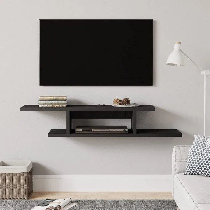 Étagère Murale TV en Bois Noir – Design Minimaliste Flottant