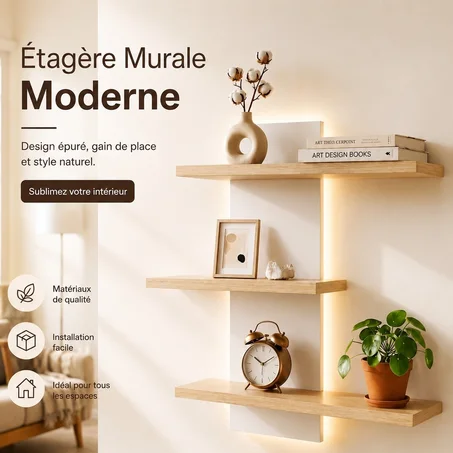Étagère Murale Mdf Moderne avec Rétroéclairage LED – Design Épuré & Élégant Naturel 65 x 45 cm