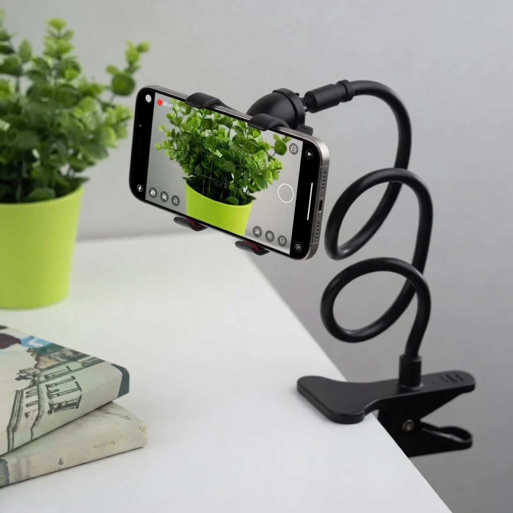 Support téléphone flexible à 360° avec fixation solide pour bureau et lit.