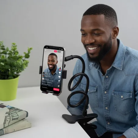 Support téléphone flexible à 360° avec fixation solide pour bureau et lit.