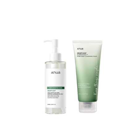Anua Double Nettoyant Duo pour le Nettoyage du Visage: Heartleaf Pore Control Cleansing Oil & Heartleaf Quercetinol Pore Deep Cleansing Foam.