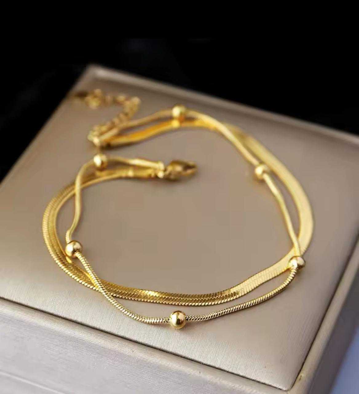 Bracelet en acier inoxydable pour femmes, chaîne serpent ronde perlée de couleur or