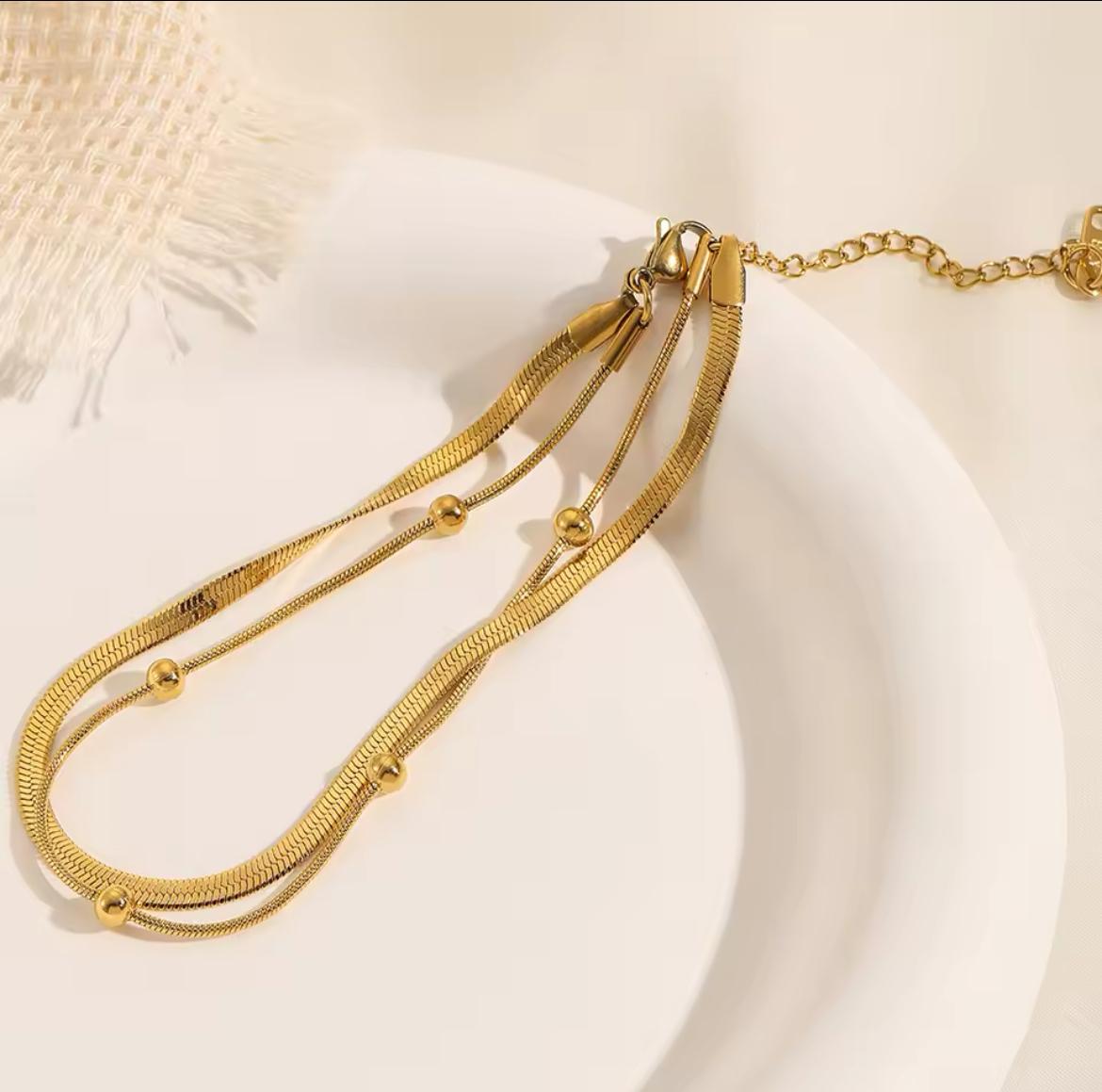 Bracelet en acier inoxydable pour femmes, chaîne serpent ronde perlée de couleur or