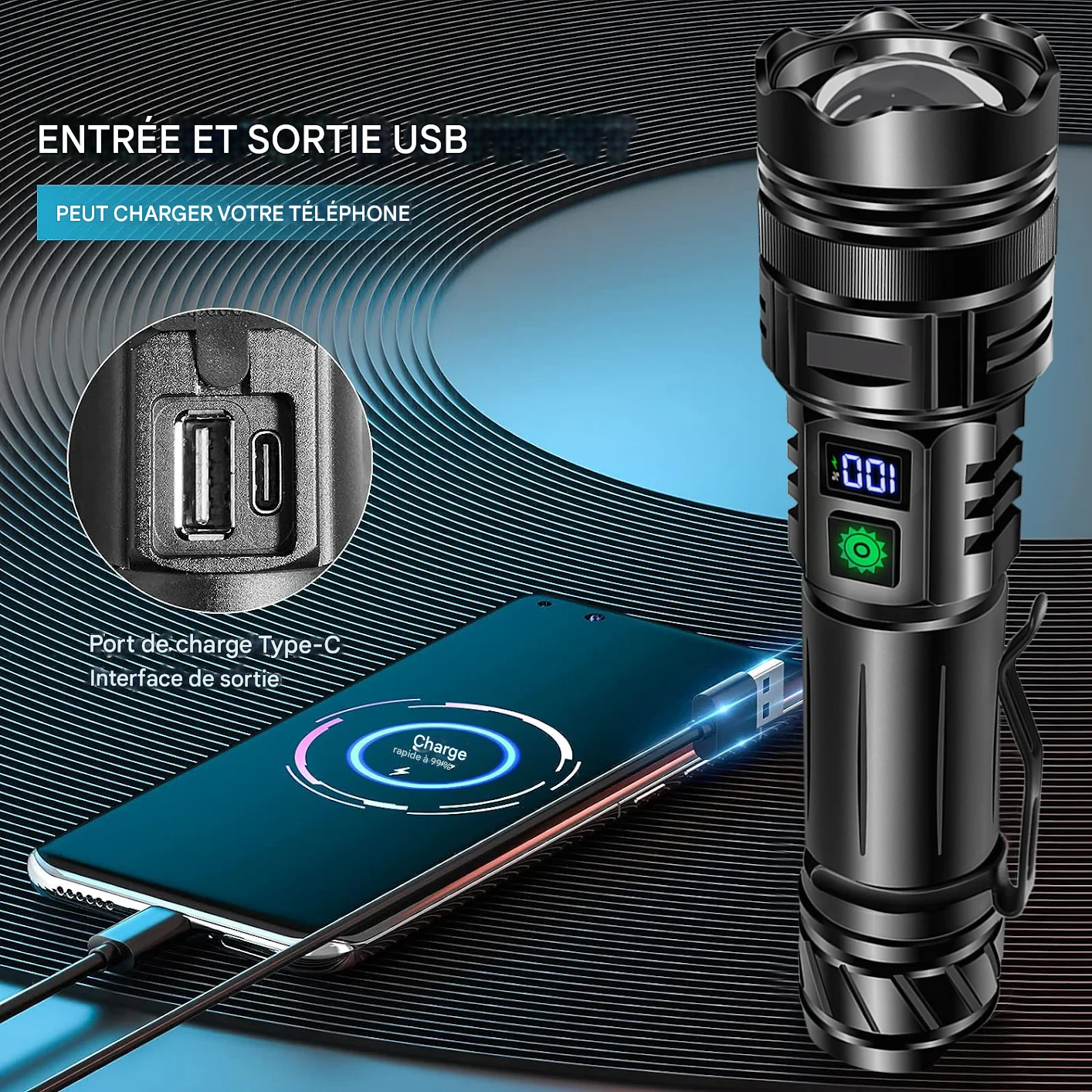 Lampe torche rechargeable ultra puissante avec Power Bank intégré 🔦📱