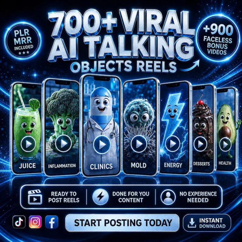 أكثر من 1600 فيديو فيروسي جاهز (AI Talking Objects Reels) لإشعال صفحاتك على انستغرام، تيك توك ويوتيوب!