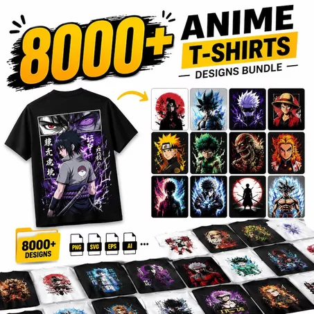 أكثر من 8000+ تصميم أنمي أسطوري للتيشيرتات (8000+ Anime T-Shirts Designs Bundle) لإشعال متجرك وصفحاتك!