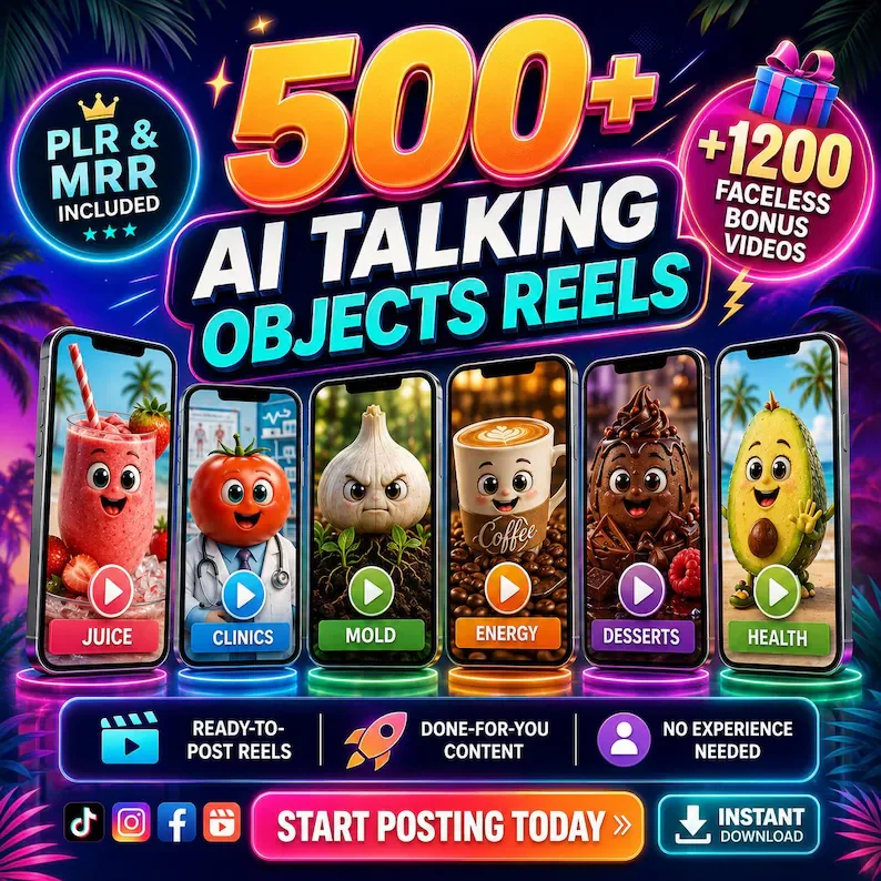 أكثر من 1700 فيديو فيروسي جاهز (500+ AI Talking Objects Reels) لإشعال صفحاتك على السوشيال ميديا!