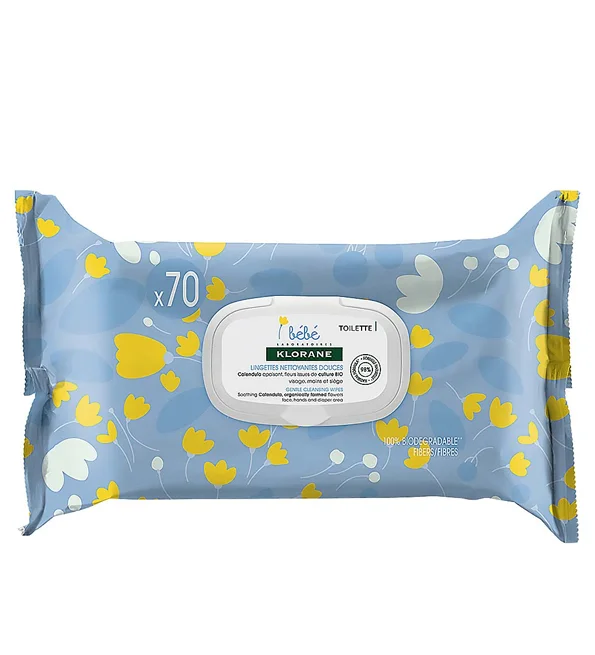 Klorane - Lingettes nettoyantes douces pour le corps au Calendula apaisant - Bébé - Peau normale à sèche 70 u