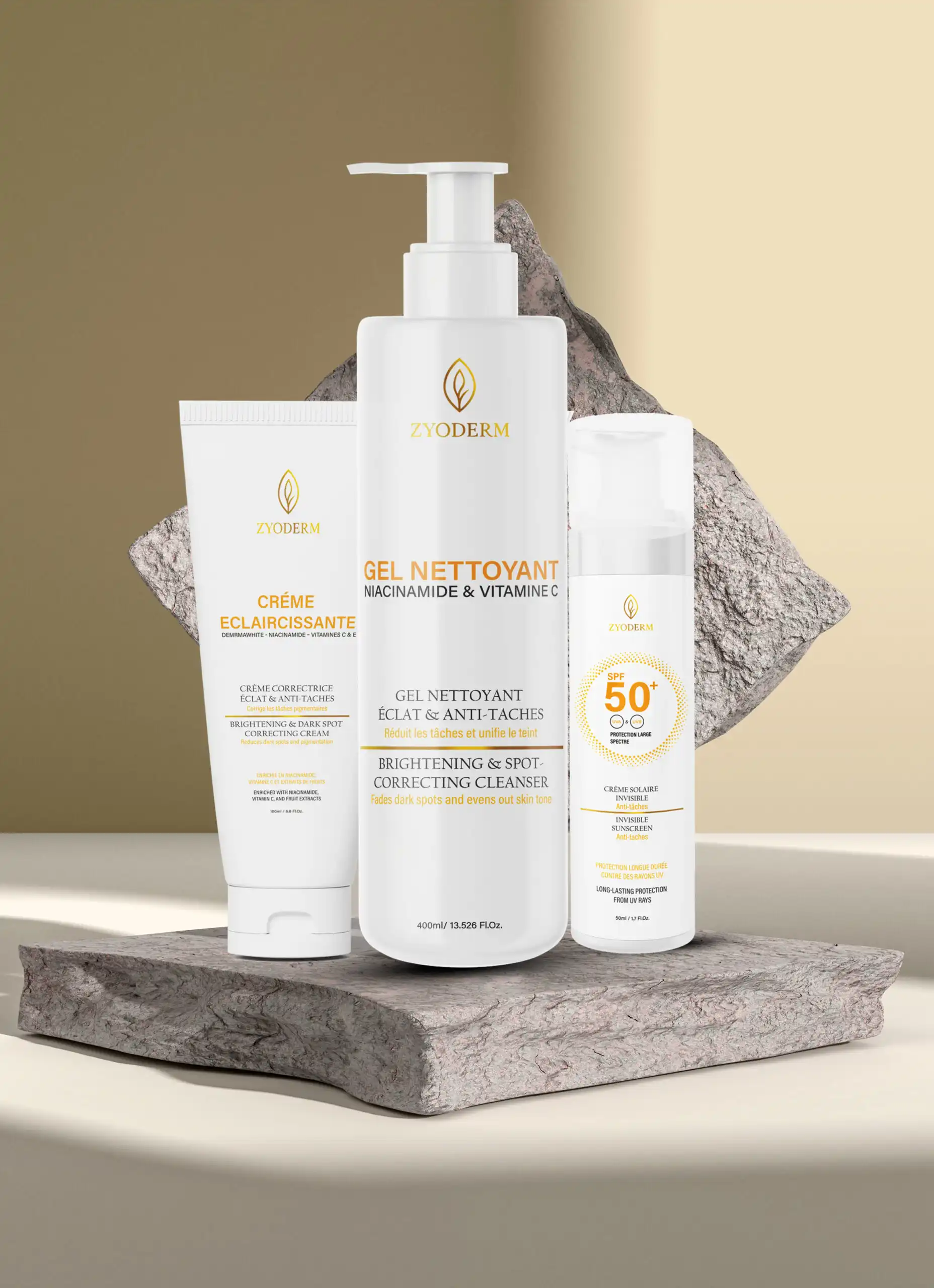 Pack Zyoderm : Crème Solaire Invisible + Crème Éclaircissante + Gel Nettoyant