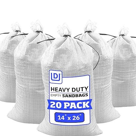 DURASACK Bolsas para arena resistentes con cordón de amarre, de polipropileno, vacías, 1600 horas de protección ultravioleta, capacidad de 50 libras, 14 x 26 pulgadas, color blanco, 20 unidad