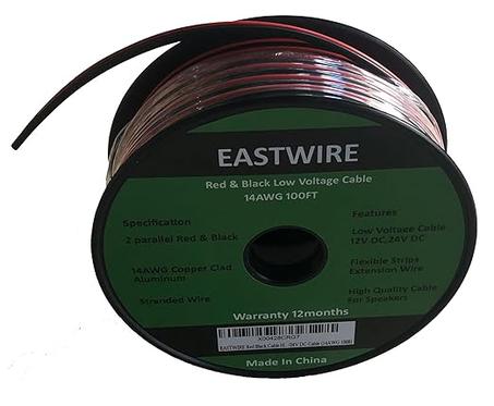 Cable eléctrico de conexión de cable negro rojo de 14 AWG de 100 pies, 2 conductores flexibles paralelos con cremallera de alambre de extensión de tiras de LED, cable de aluminio revestido de