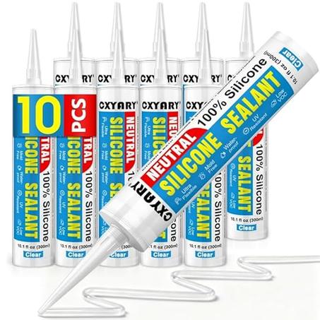 Calafateo y sellador de silicona transparente, paquete de 10 – Sellador de silicona 100% impermeable, calafateo de silicona para cocina y baño, inodoro, fregadero, ventana y puerta, a prueba 
