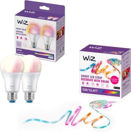 WiZ - Paquete de tiras LED RGBIC de 16.4 ft Plus 2 bombillas de color A19 de 60 W - Control con voz o aplicación + activa con movimiento - Compatible con materia