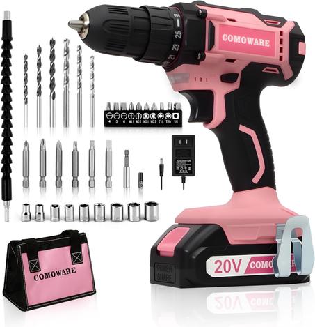 COMOWARE Juego de brocas inalámbricas, juego de taladro eléctrico rosa de 20 V para mujer, 1 batería y cargador, portabrocas sin llave de 3/8 pulgadas, 2 velocidades variables, par de 266 In-