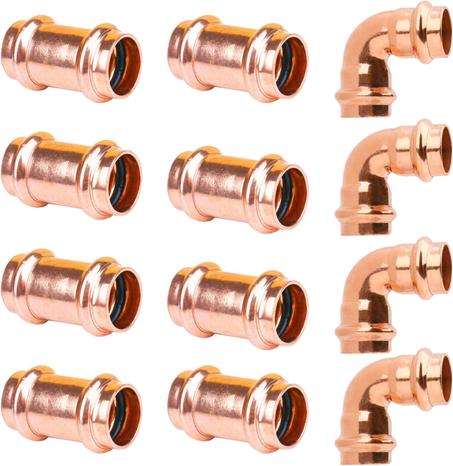 WHK Prensa de cobre de 3/4 pulgadas x 3/4 pulgadas, accesorios de acoplamiento de prensa profesional de 3/4 pulgadas, 8 paquetes con codo de 90 grados, 4 paquetes para conectar de Cooper a Co