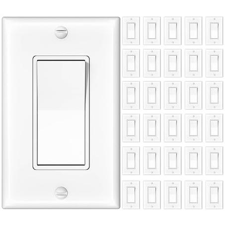 Amico Paquete de 30 interruptores de luz de un solo polo con placa de pared, listado UL, 15 A 120/277 V, interruptor de pared de paleta basculante de encendido/apagado, tornillo de tierra, gr