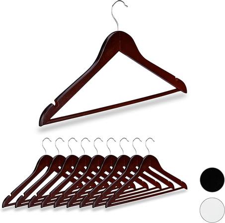 Cintre en Bois Set de 10, Traverse Pantalon 44,5 cm, Encoche Robe Jupe Chemise, Crochet pivotant 360°, Marron