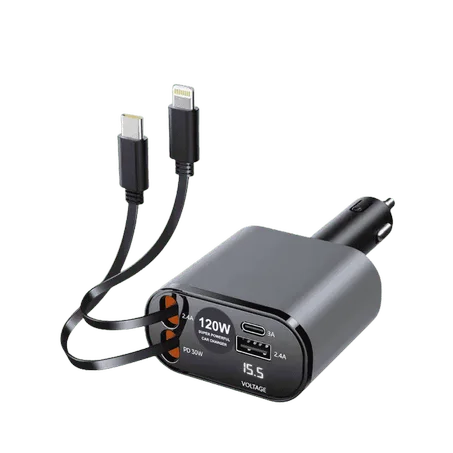 شاحن سيارة ذكي بأربعة منافذ وكابل سحب مدمج