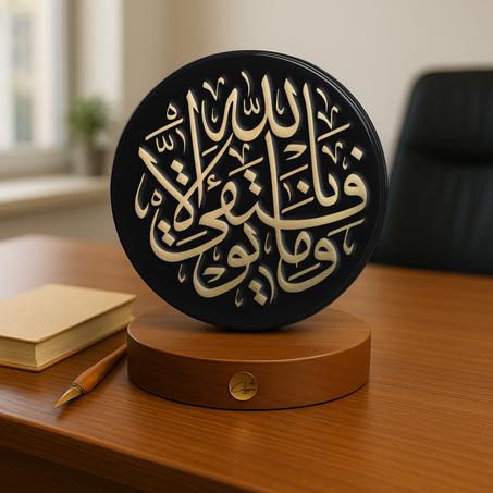 Trophée décoratif islamique – « وما توفيقي إلا بالله » en cuivre doré