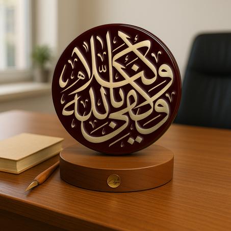 Trophée décoratif islamique – « وكفى بالله وكيلا » en cuivre doré