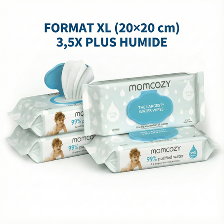 Lingettes Momcozy – XL 20×20 cm | 99% Eau Pure | Spécial Bébé