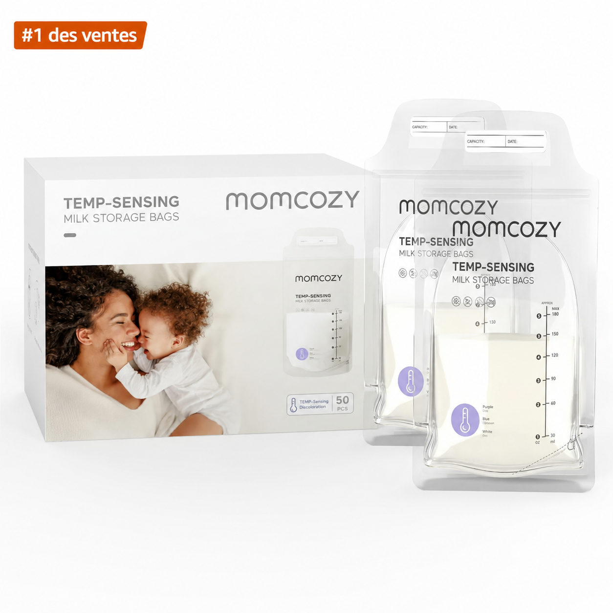 Momcozy – Lot de 50 Sacs de Conservation de Lait Maternel 180 ml (TEMP-Sensing)