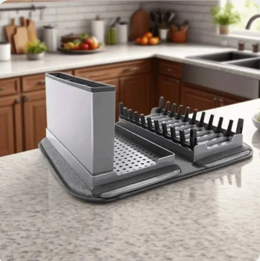 منظم أواني بعد الغسل بسجادة ماصّة وقابل للطي