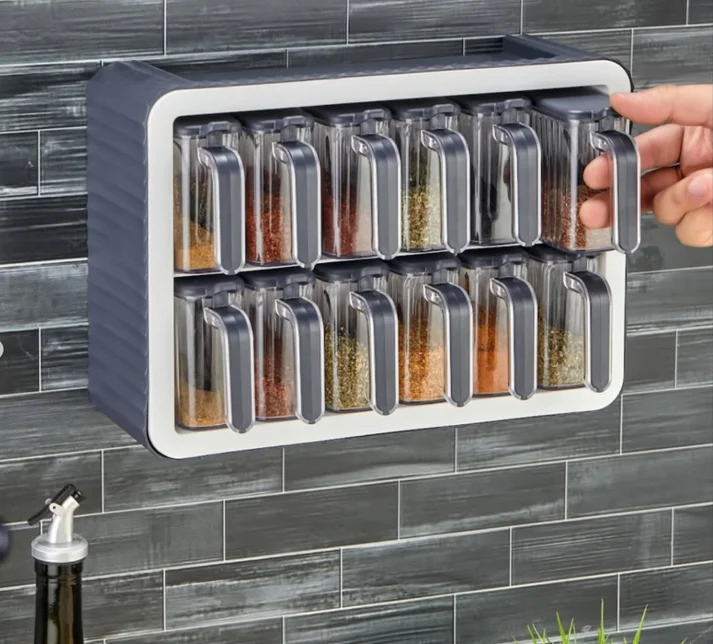 12-Piece Self-Adhesive Spice Jar Set with Rack, Lids and Spoons