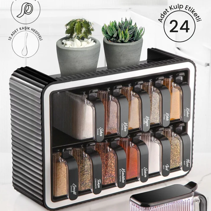 12-Piece Self-Adhesive Spice Jar Set with Rack, Lids and Spoons