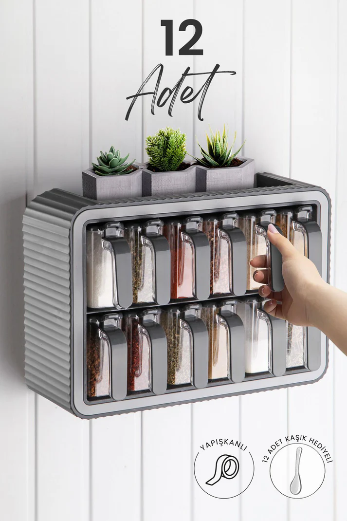 12-Piece Self-Adhesive Spice Jar Set with Rack, Lids and Spoons