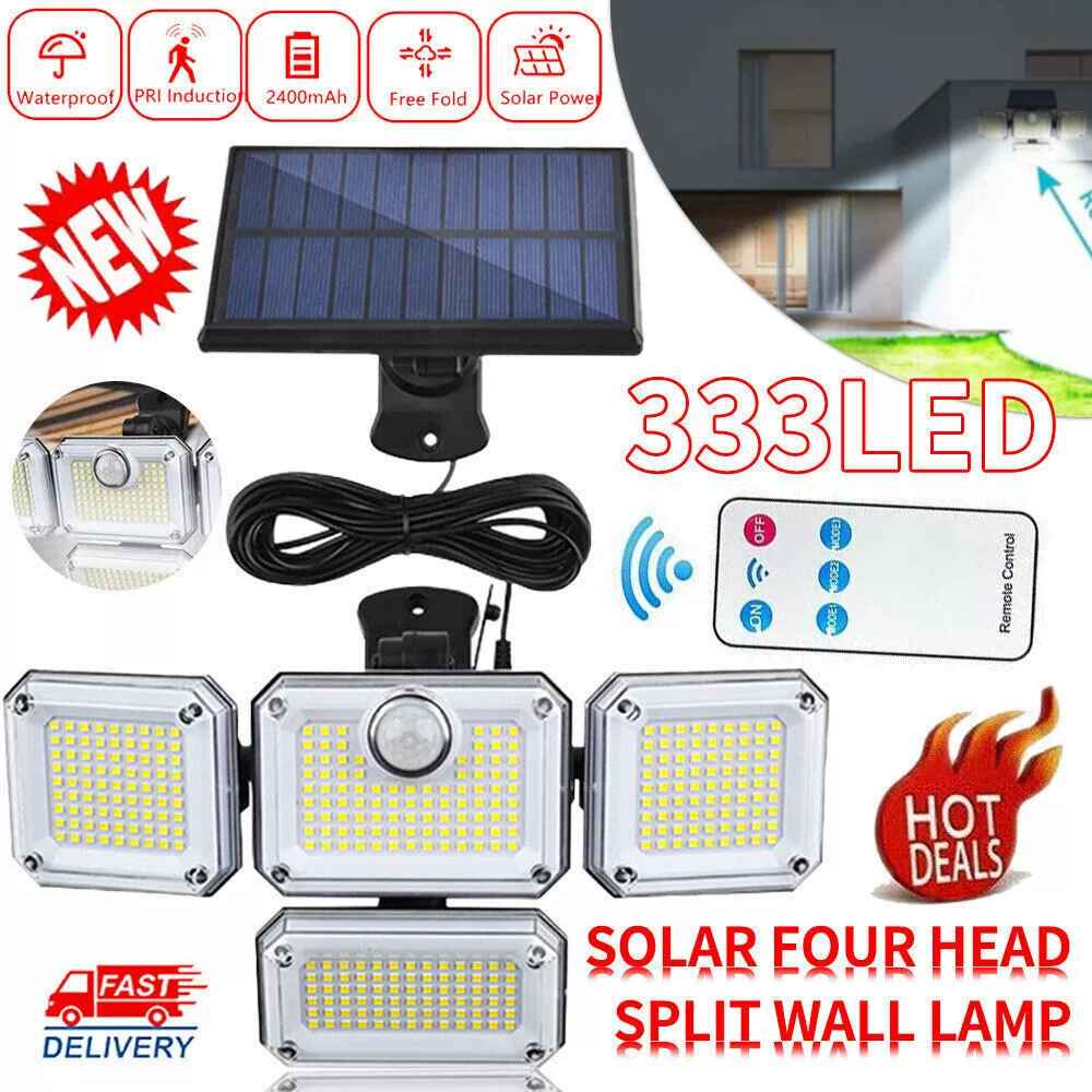 💡 كشاف جداري بالطاقة الشمسية – 333 LED – 4 رؤوس + حساس الحركة + ريموت