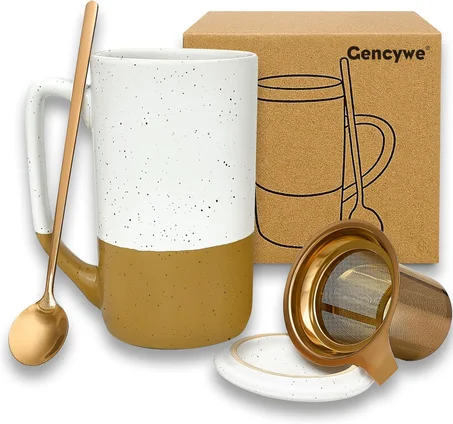 Ceramics - Taza de té grande con infusor de hojas sueltas, cuchara y tapa, taza de café alta de 16 oz, apta para microondas y lavavajillas, esmalte cerámico mate rústico, colador de té, ámbar