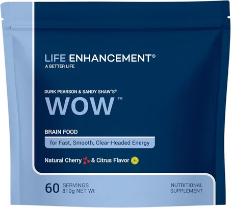 Life Enhancement Wow - Polvo de bebida con vitamina B12, niacina, cafeína, taurina, fenilalanina, vitamina C y más multivitamínico, polvo antienvejecimiento con refuerzo cerebral bajo en calo