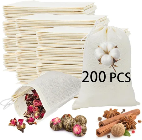 200 bolsas pequeñas de tela de muselina de 3 x 4 con cordones, bolsas vacías reutilizables para especias y hierbas para cocinar, popurrí, bolsas de té de tela, bolsas de tela a granel