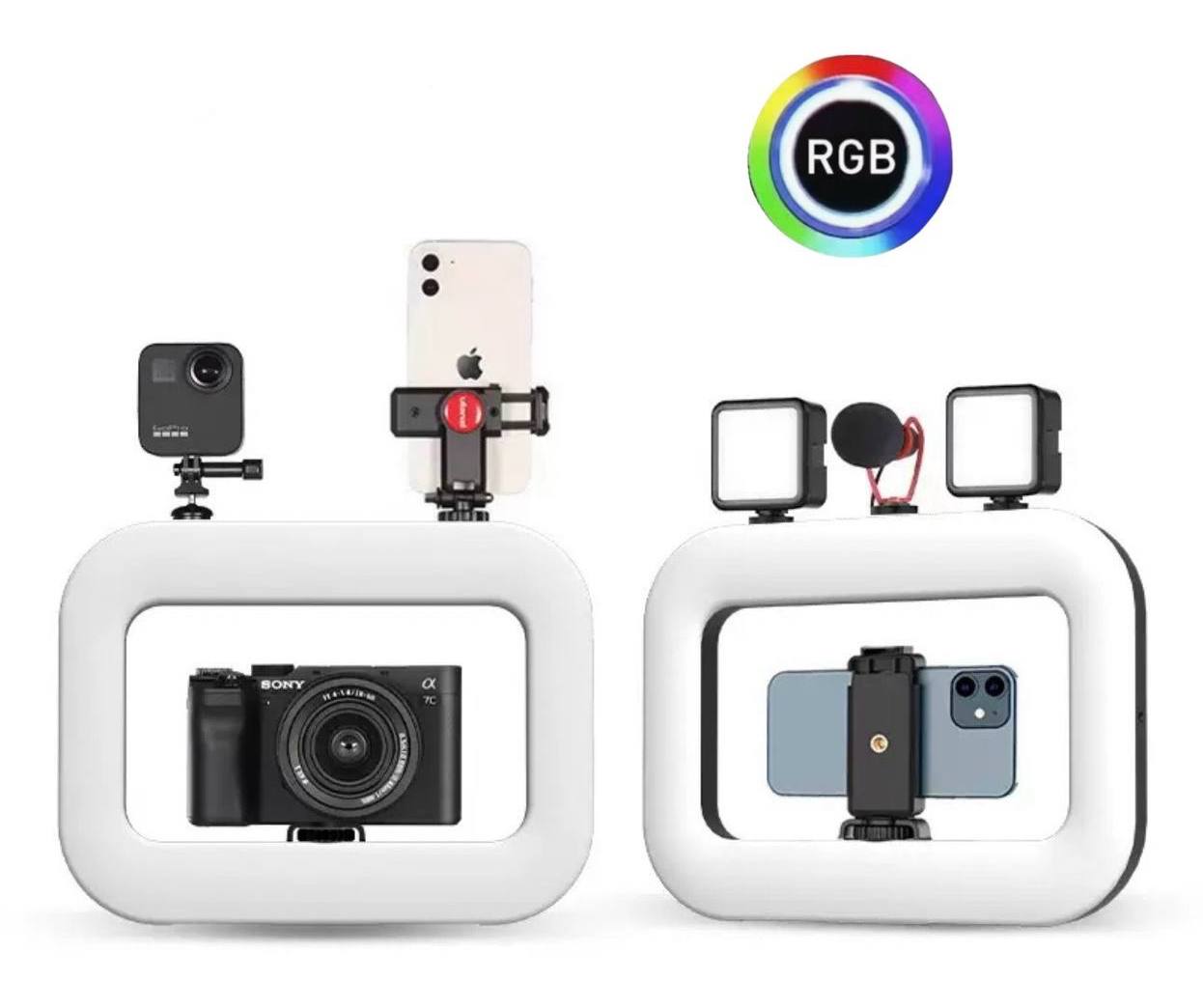 مصباح RGB LED الدائري مع حامل الهاتف - قابلة لإعادة الشحن، تعمل باللمس، متعدد الألوان