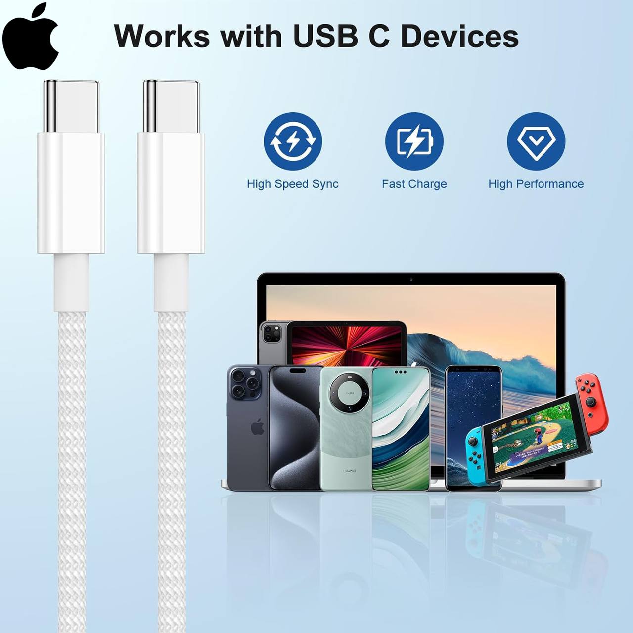 كابل Type-C إلى Type-C بطول 1 متر – نايلون مجدول – شحن سريع لأجهزة iPhone 15 / 16