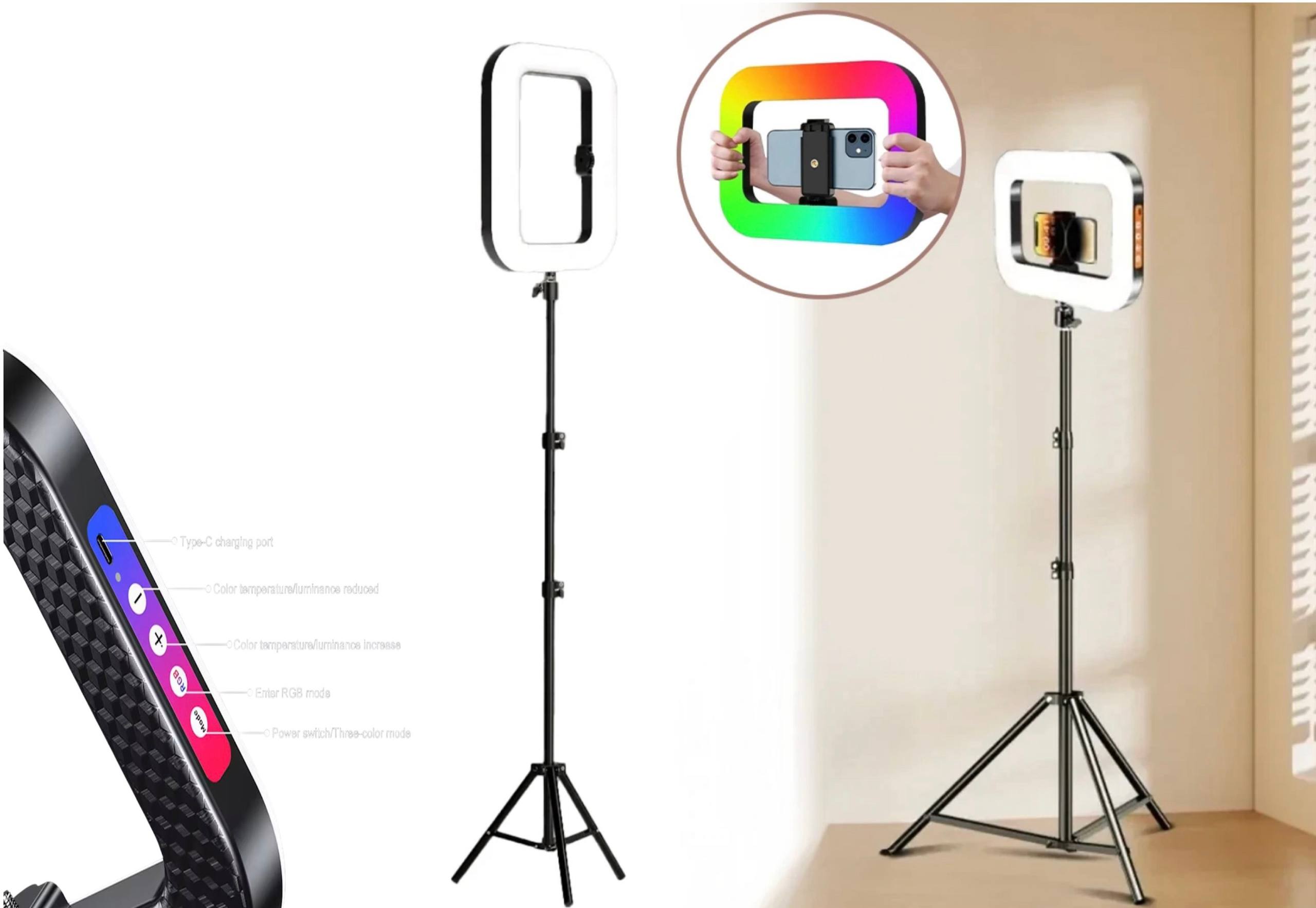 مصباح RGB LED الدائري مع حامل الهاتف - قابلة لإعادة الشحن، تعمل باللمس، متعدد الألوان