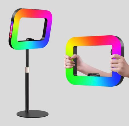 مصباح RGB LED الدائري مع حامل الهاتف - قابلة لإعادة الشحن، تعمل باللمس، متعدد الألوان