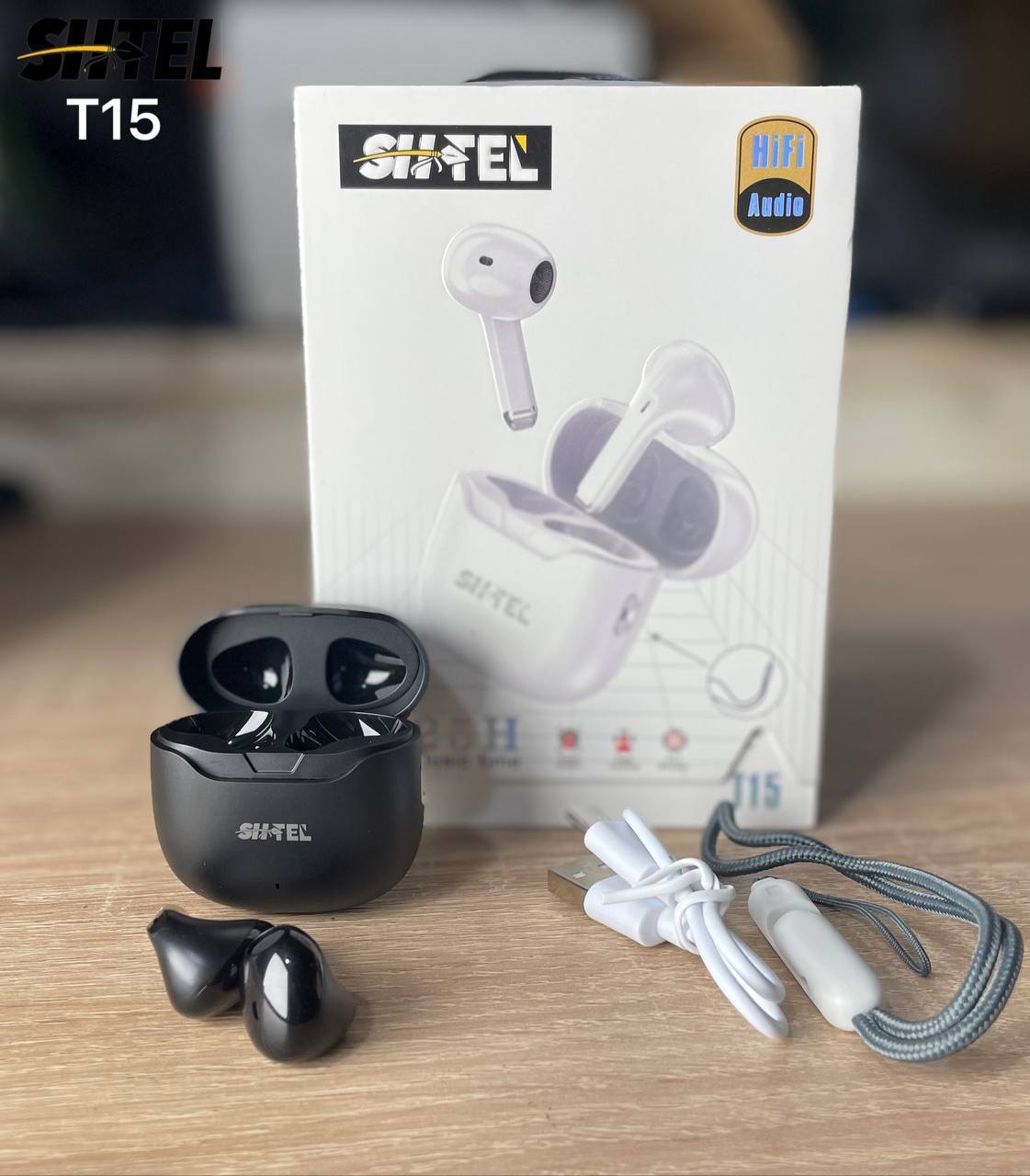 Shtel T15 – سماعات أذن لاسلكية بتقنية Bluetooth مع كابل Type-C (متوفرة باللون الأبيض والأسود)
