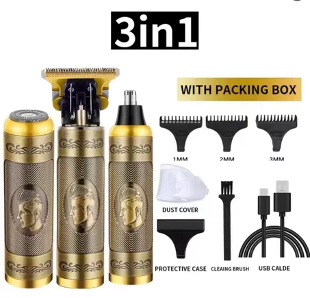 Kit Multifonction 3-en-1 T9 — Tondeuse Cheveux, Rasoir Barbe & Tondeuse Nez/Oreilles Rechargeable USB