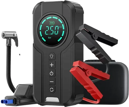 Booster de Batterie Voiture & Gonfleur de Pneu Sans Fil 4-en-1 — Powerbank 10400mAh, Écran Digital & Lampe LED d'Urgence
