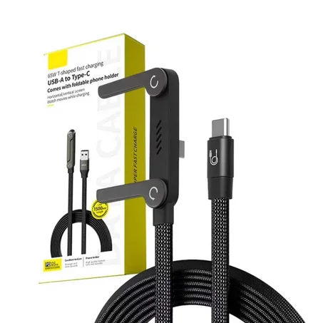 Câble Type-C 2-en-1 Charge Ultra-Rapide 240W avec Support Téléphone Rotatif 360° — Câble Tressé Métallique (Jeux, Vidéos & Bureau)