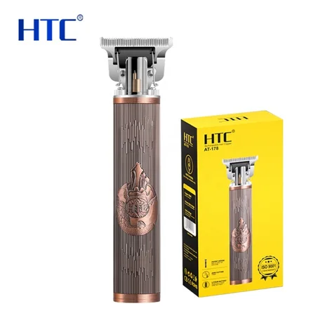 Tondeuse Électrique Professionnelle HTC AT-178W — Corps Cuivre Sculpté Vintage, Coupe Zéro (T-Blade) & Charge USB Type-C