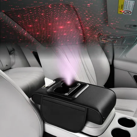 Coussin d'Accoudoir Universel Multifonction en Cuir pour Voiture — Organiseur de Rangement avec Porte-Gobelets, Support Téléphone & Lumière d'Ambiance