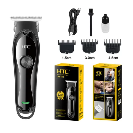 Tondeuse Cheveux & Barbe Professionnelle HTC AT-118 — Lame en Acier Haute Teneur en Carbone & Charge Rapide Type-C (Autonomie 90 Min)