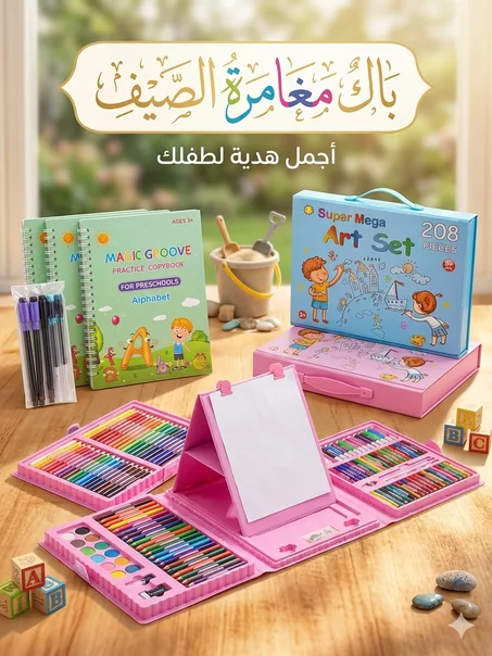 باك مغامرة الصيف المتكامل للأطفال: حقيبة الرسم العملاقة (208 قطعة) + الدفاتر السحرية لتعليم الخط"